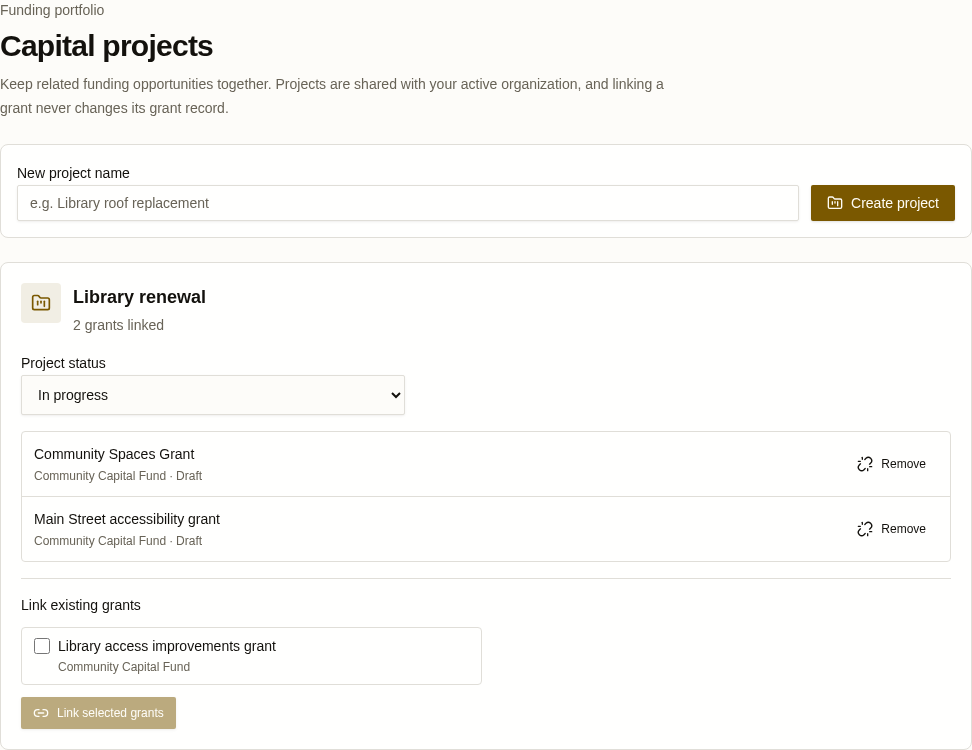 Capital projects page showing the Library renewal project in progress with two linked grants.