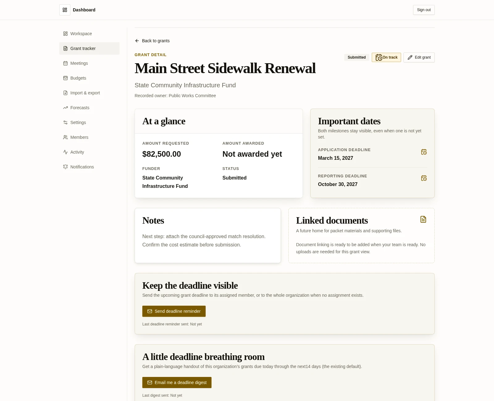 Grant detail workspace showing Main Street Sidewalk Renewal, its submitted status, application and reporting dates, and notes.